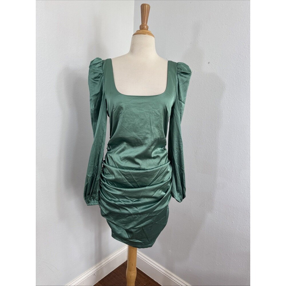 More to Come Mini Dress Womens‎ Medium Blaire Satin Green Puff Sleeves Formal